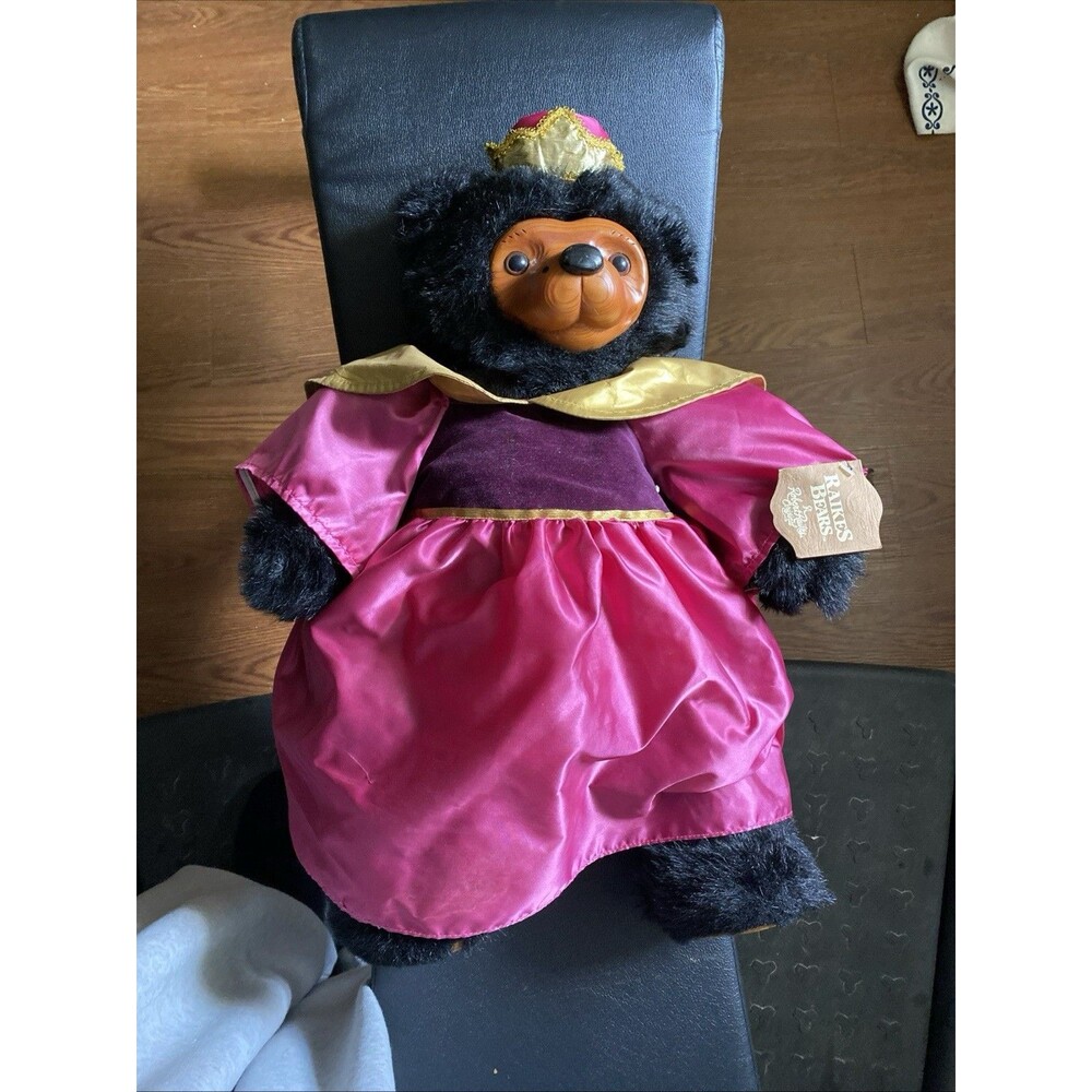 Vintage Robert Raikes Bear Queen Mary Plush Carved Wood Face Crown Robe